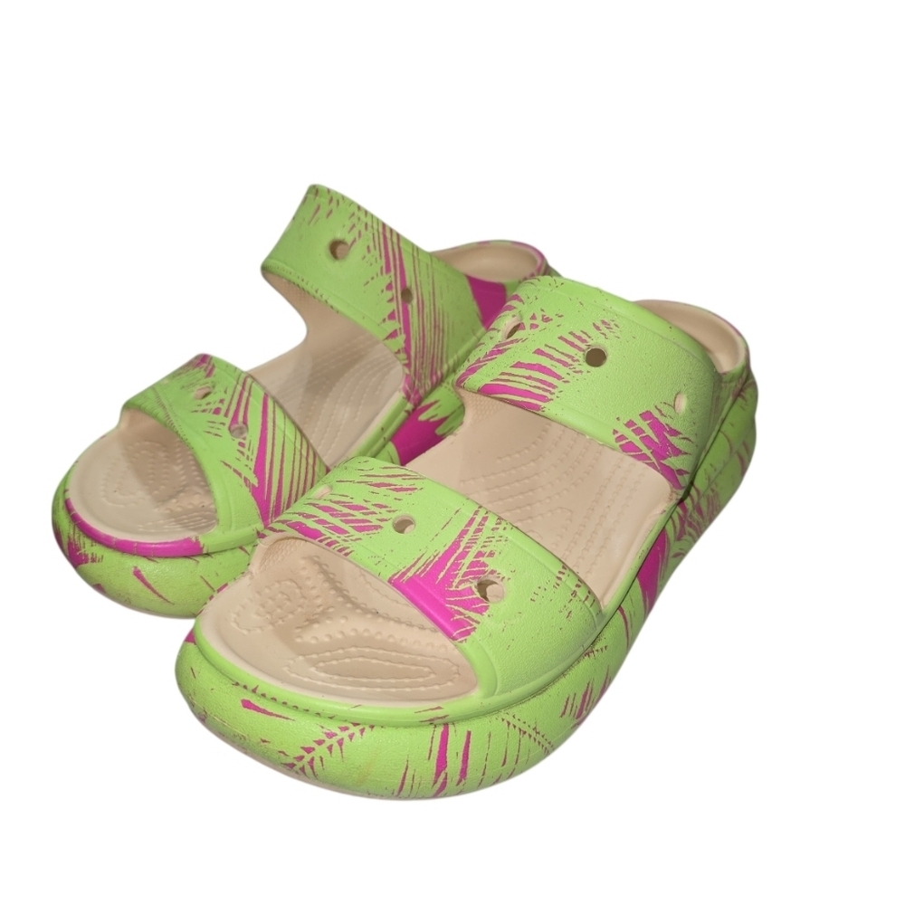 Crocs Crush Sandals Bold Green Pink Print 2 Strap Chunky Platforms 8 Women
